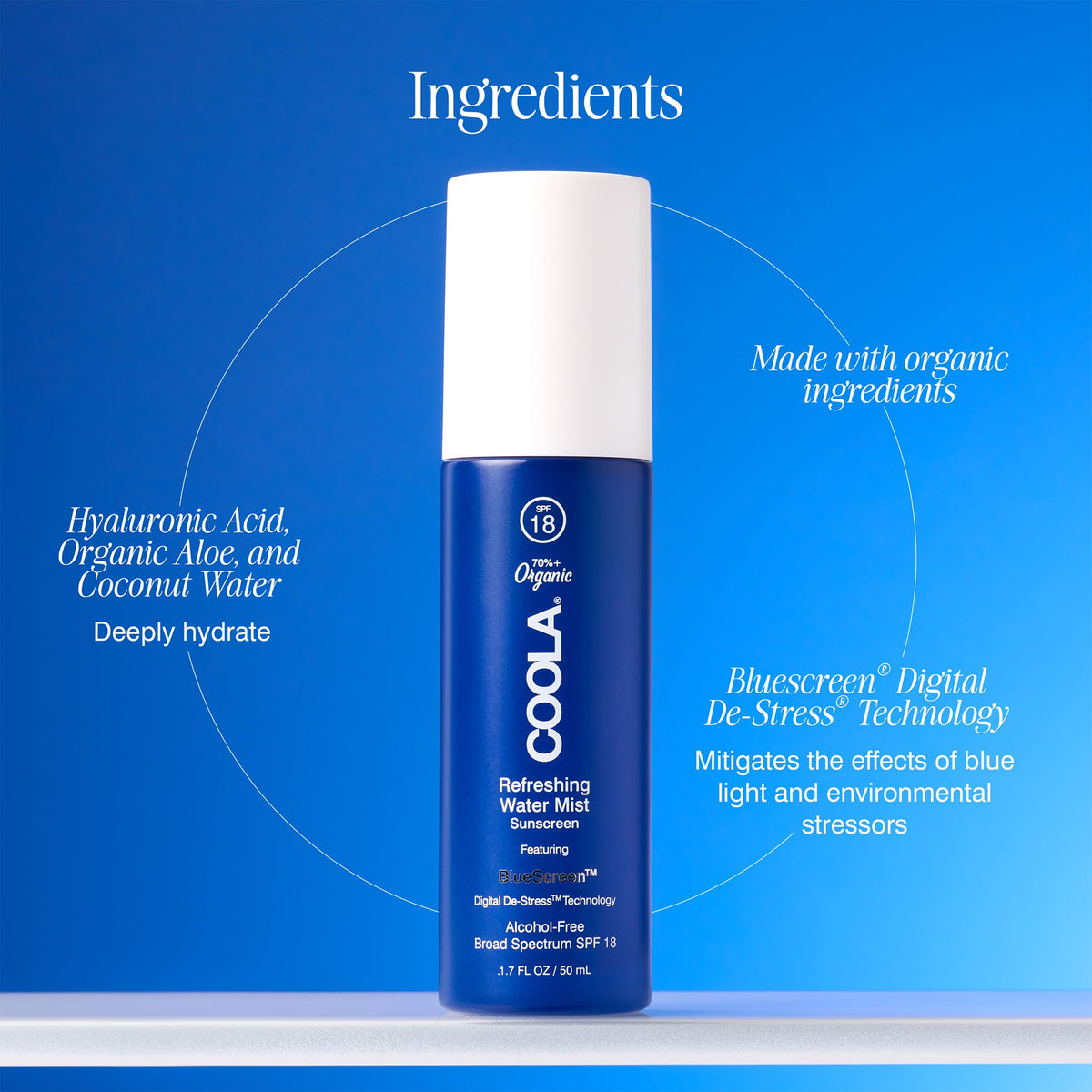 COOLA mist in use on face outdoors, refreshing hydration and protection