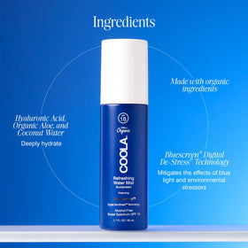 COOLA mist in use on face outdoors, refreshing hydration and protection