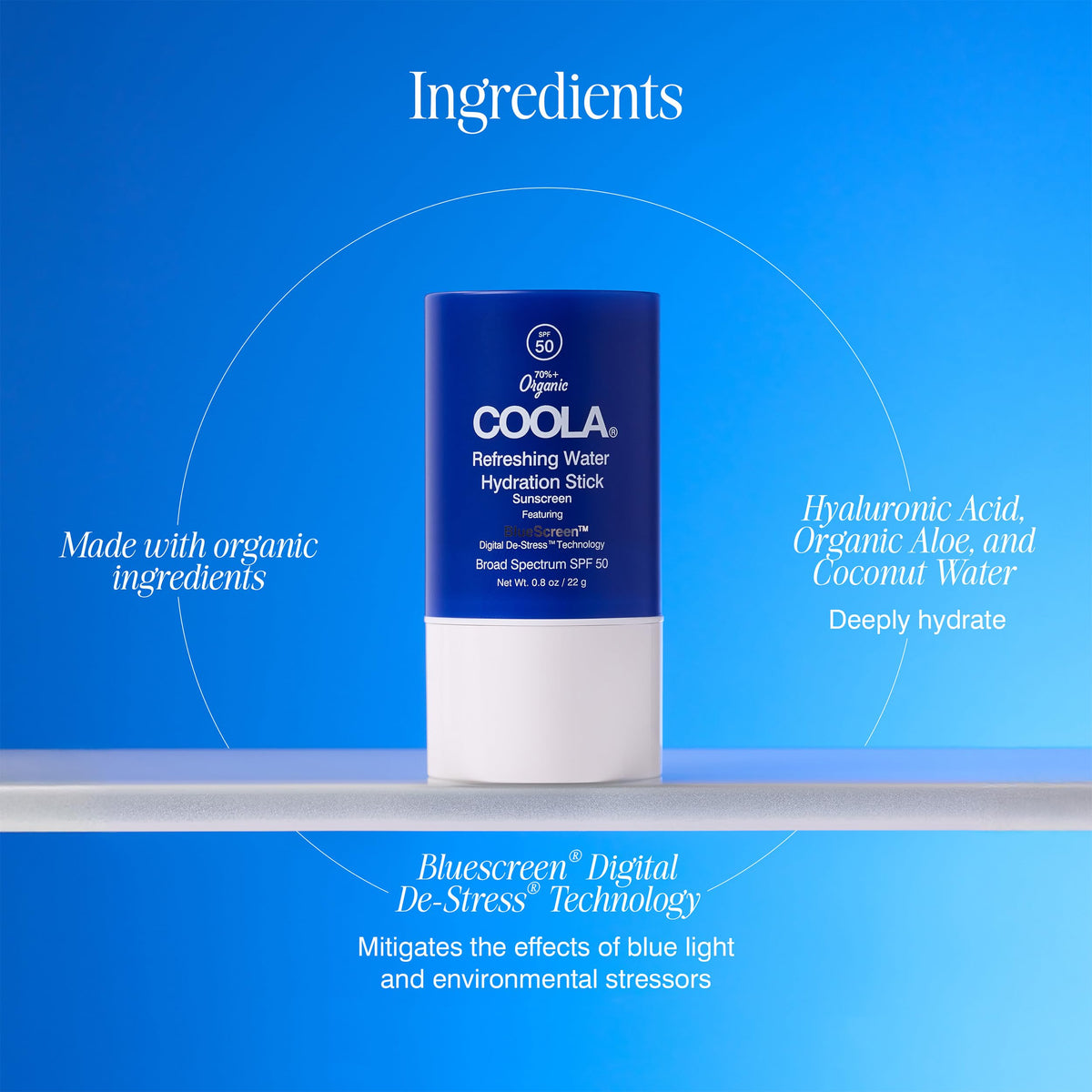 COOLA Refreshing Water Stick close-up application on cheek highlighting dewy hydration