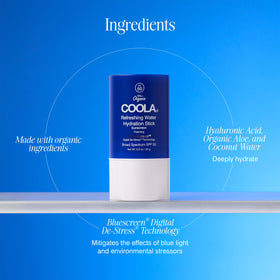 COOLA Refreshing Water Stick close-up application on cheek highlighting dewy hydration
