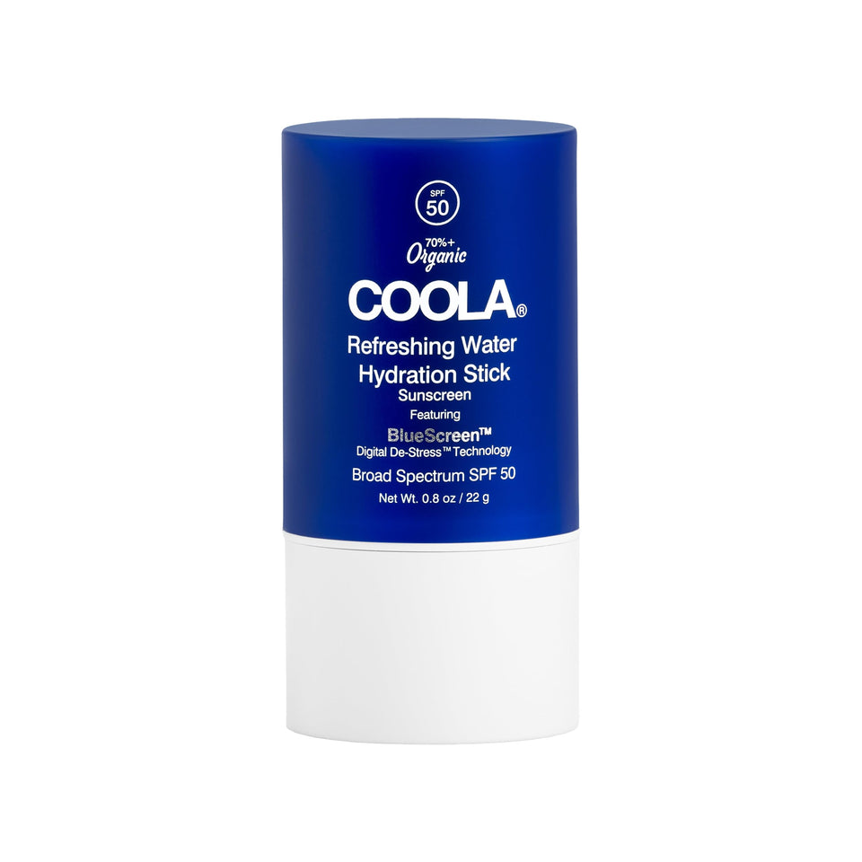 COOLA Refreshing Water Stick front packaging showing SPF 50 and compact size for travel
