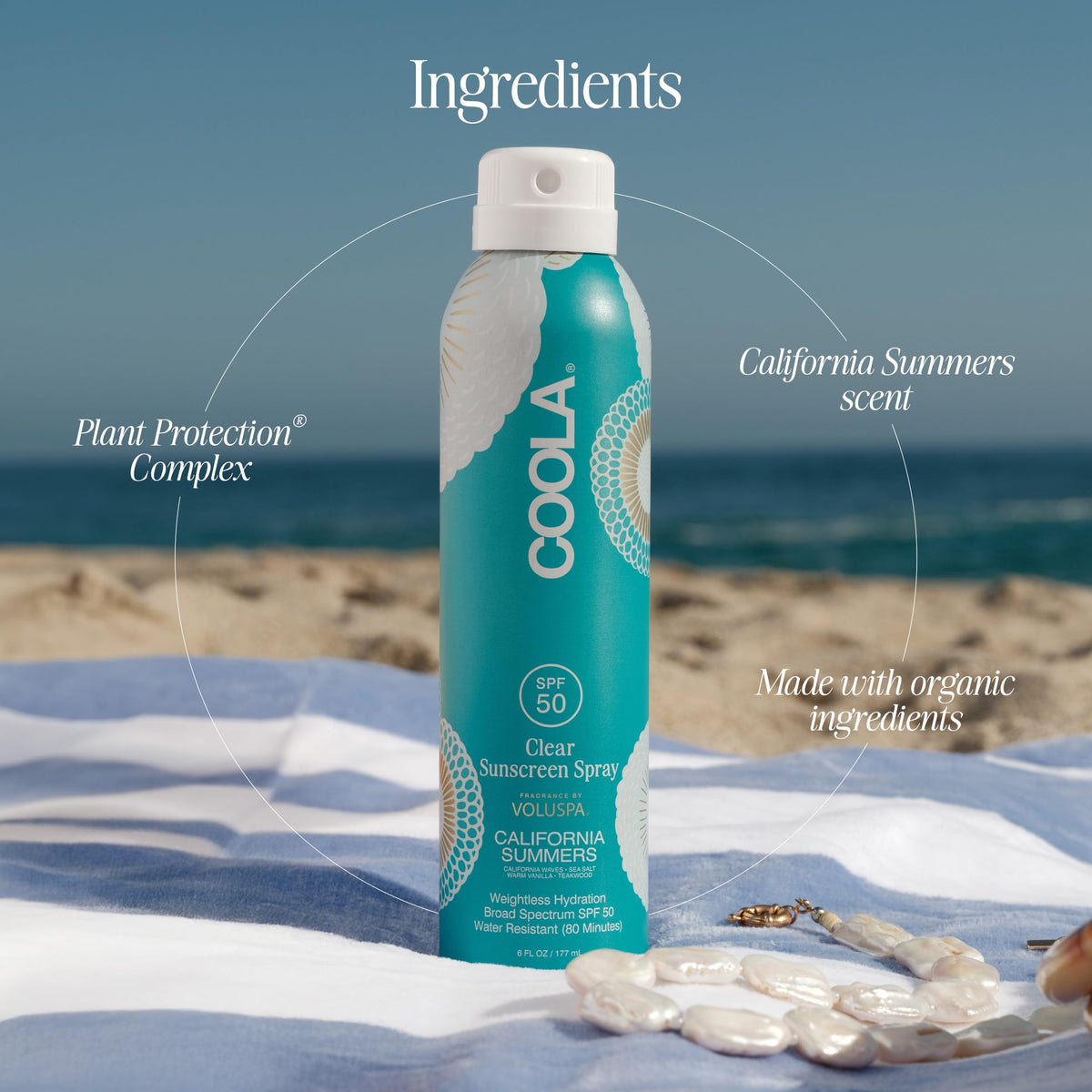 COOLA bottle next to water bottle showing travel-friendly size
