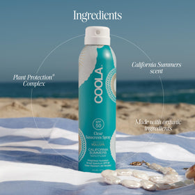 COOLA bottle next to water bottle showing travel-friendly size