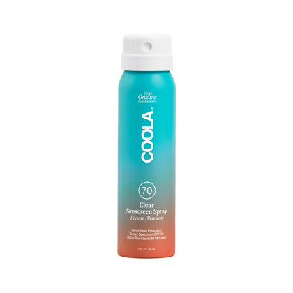 COOLA front packaging of SPF 70 spray showing product and peach blossom scent benefit