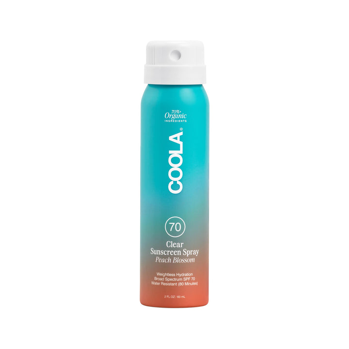 COOLA front packaging of SPF 70 spray showing product and peach blossom scent benefit