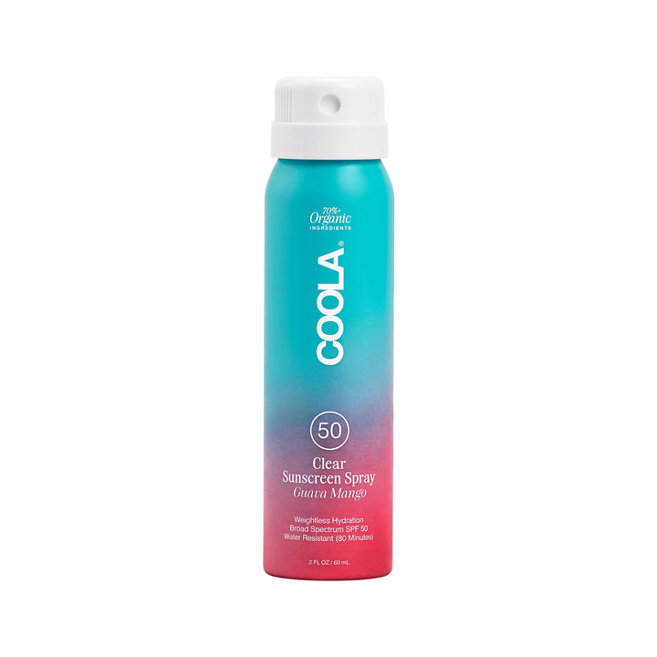 COOLA spray front packaging showing SPF 50 and travel size benefits