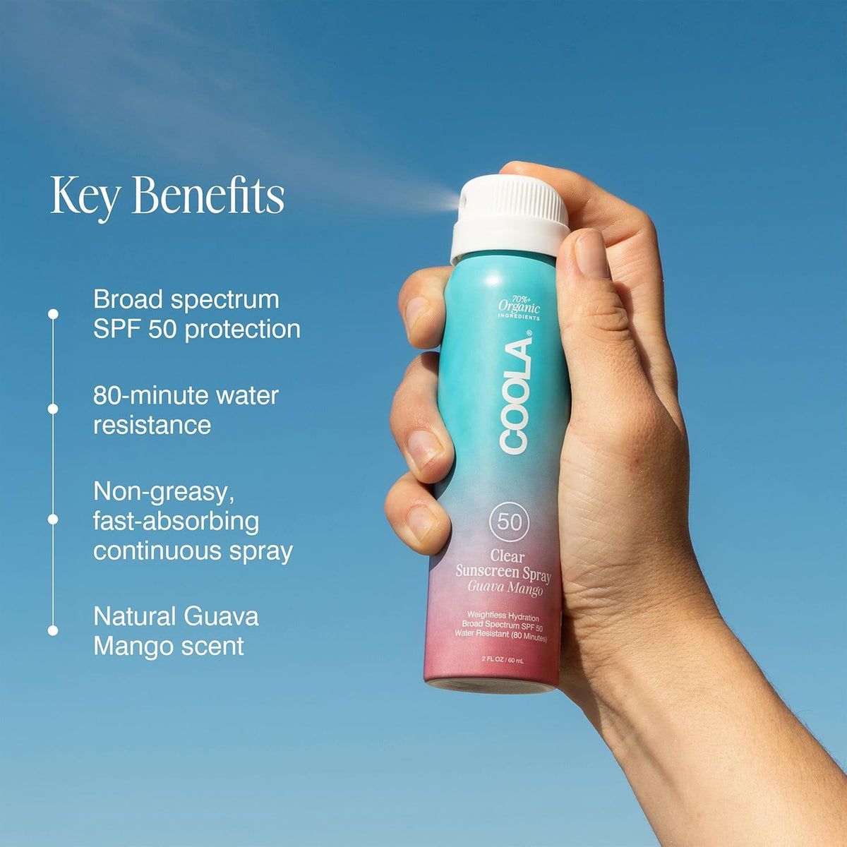 COOLA mist close-up demonstrating fine continuous spray for fast coverage
