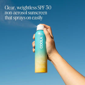 COOLA spray nozzle used upside down for easy full-body coverage benefit