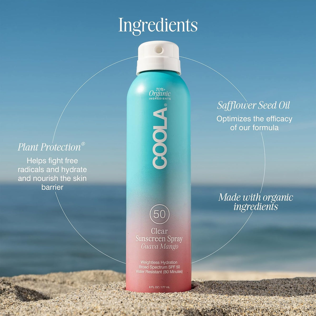 Person applying COOLA at the beach showing active outdoor protection benefit