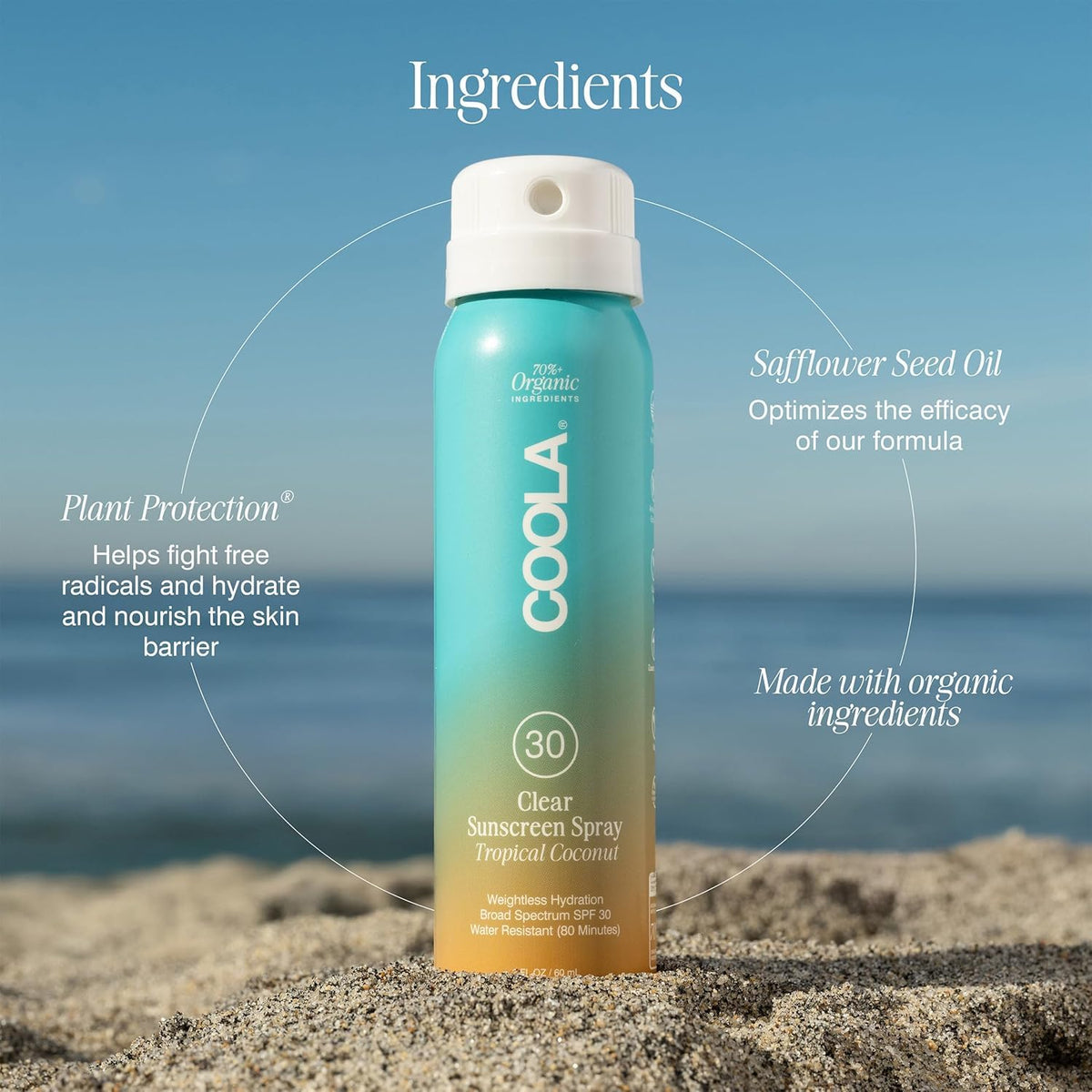 COOLA bottle on a beach towel illustrating lifestyle use and outdoor protection
