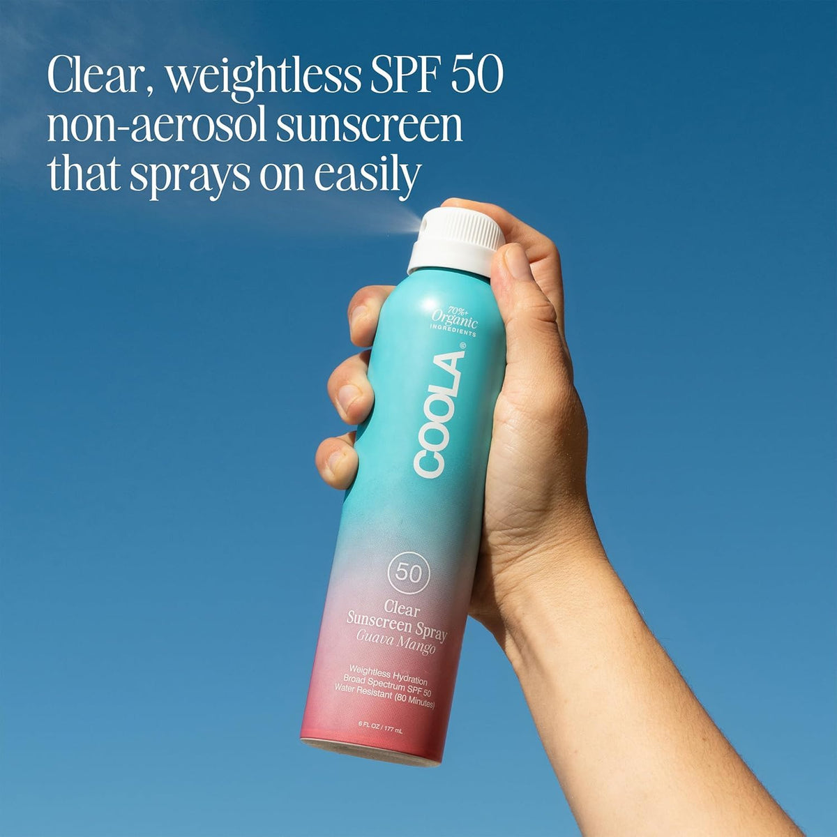 COOLA spray nozzle close-up demonstrating quick even application benefit