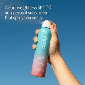 COOLA spray nozzle close-up demonstrating quick even application benefit
