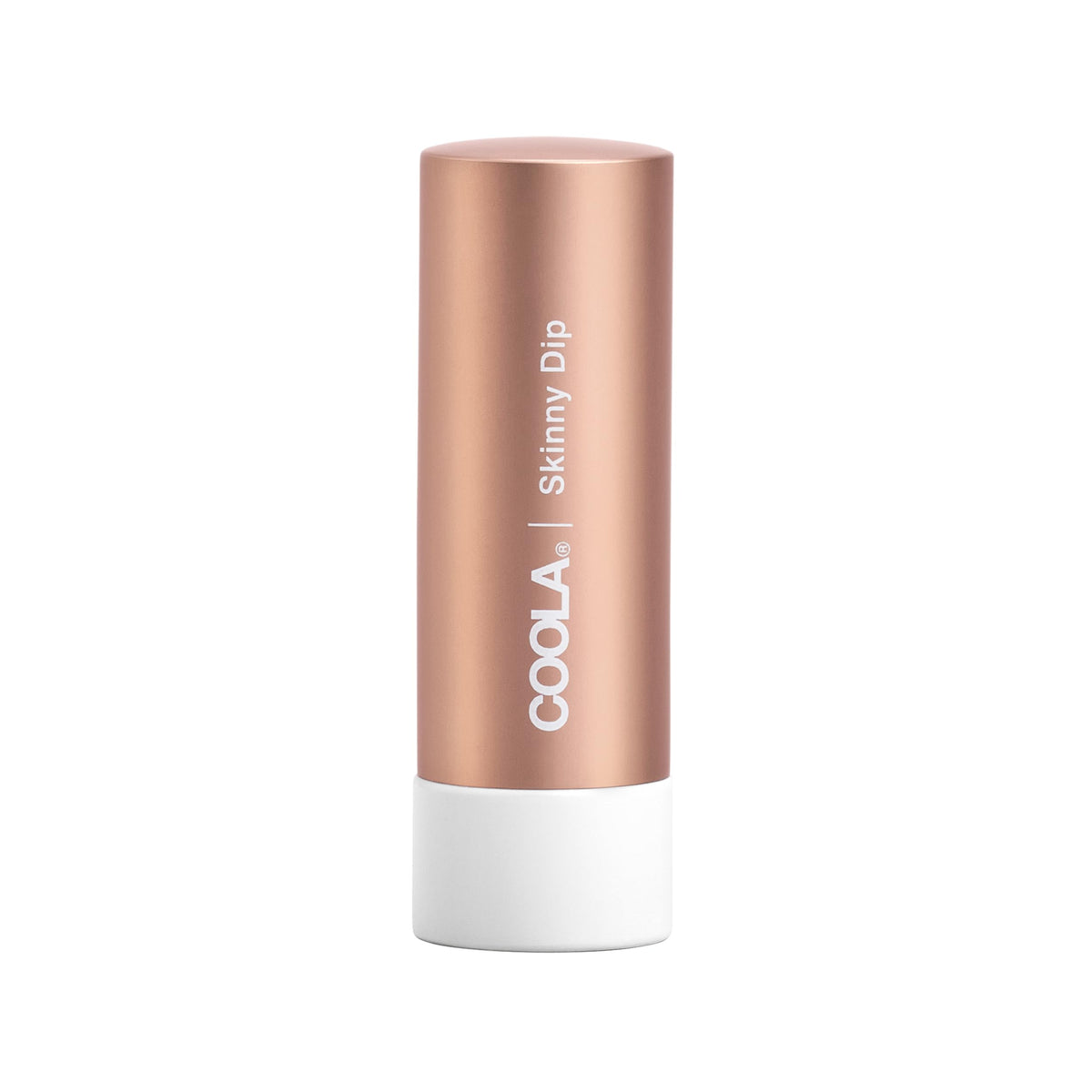 COOLA tinted Liplux Skinny Dip front tube showing shade and label, offering SPF protection