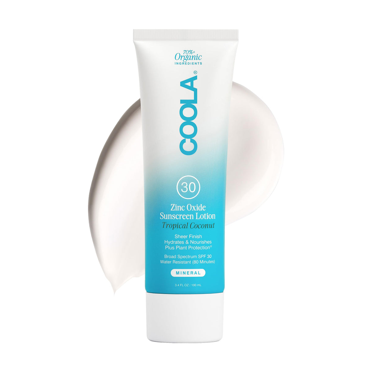 COOLA bottle front packaging showing tropical coconut SPF 30, travel-friendly protection