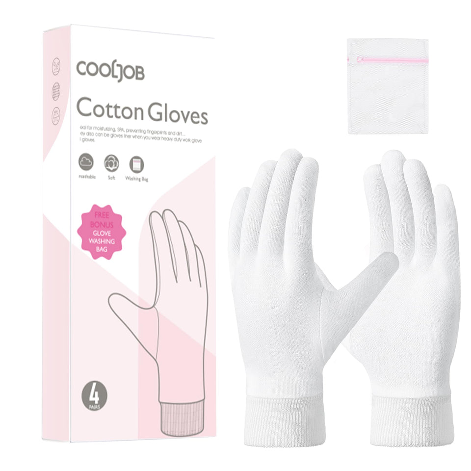 COOLJOB front pack of four white moisturizing cotton gloves, convenient value