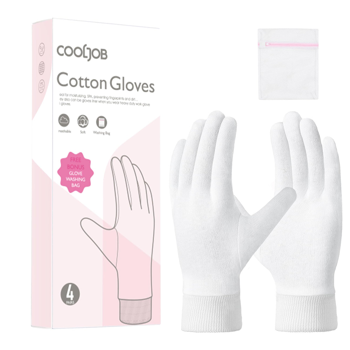 COOLJOB front view of four white glove pairs showing clean packaging and value