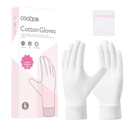 COOLJOB front view of four white glove pairs showing clean packaging and value