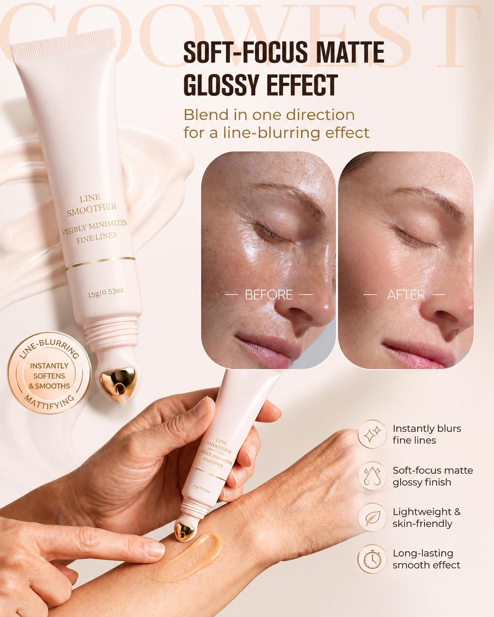 Coowest primer application on hand demonstrating blendability and smoothing benefit