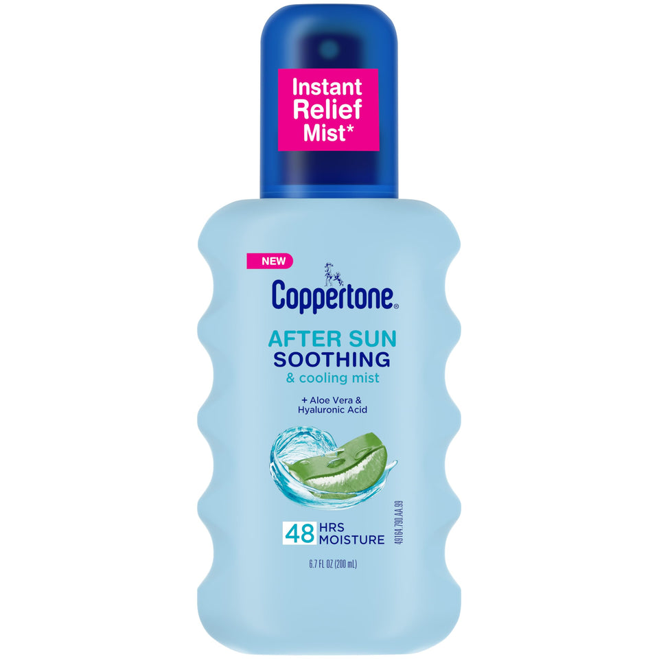 Coppertone after sun mist front bottle showing packaging and quick relief