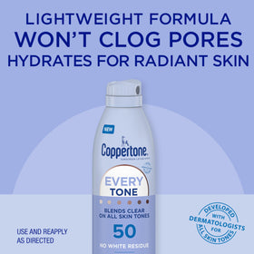 Coppertone clear spray on skin demonstrating no white cast