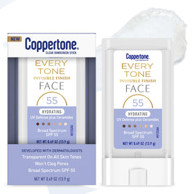Coppertone every tone front packaging showing clear sunscreen stick and SPF 55 protection