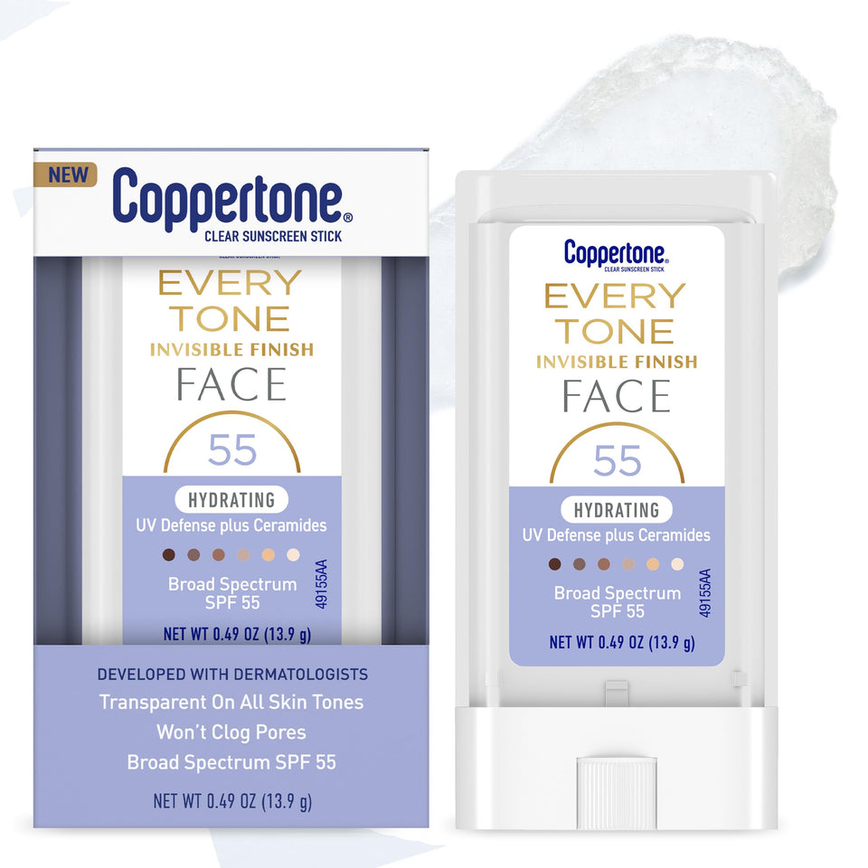 Coppertone every tone front packaging showing clear sunscreen stick and SPF 55 protection