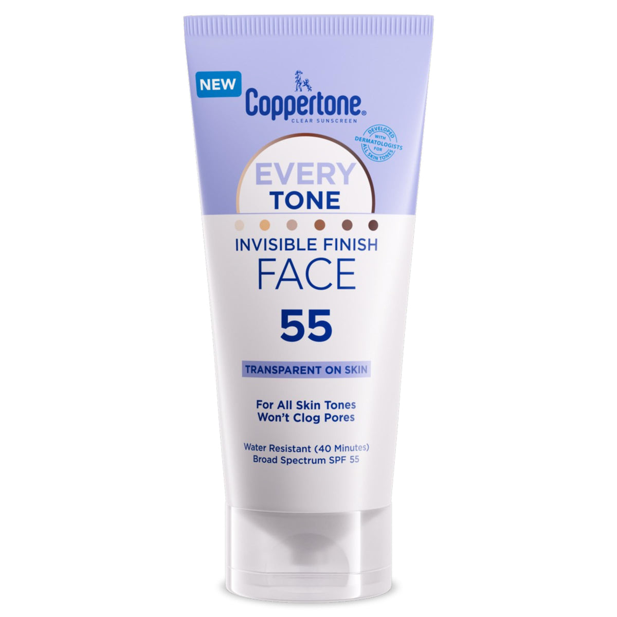 Coppertone front packaging showing SPF 55 and clear finish benefit