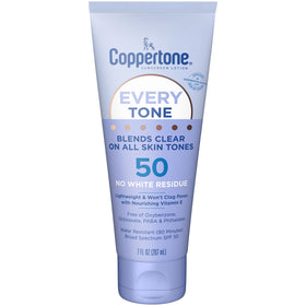 Coppertone every tone front tube showing clear SPF 50 protection and easy use