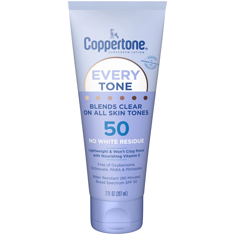 Coppertone every tone front tube showing clear SPF 50 protection and easy use