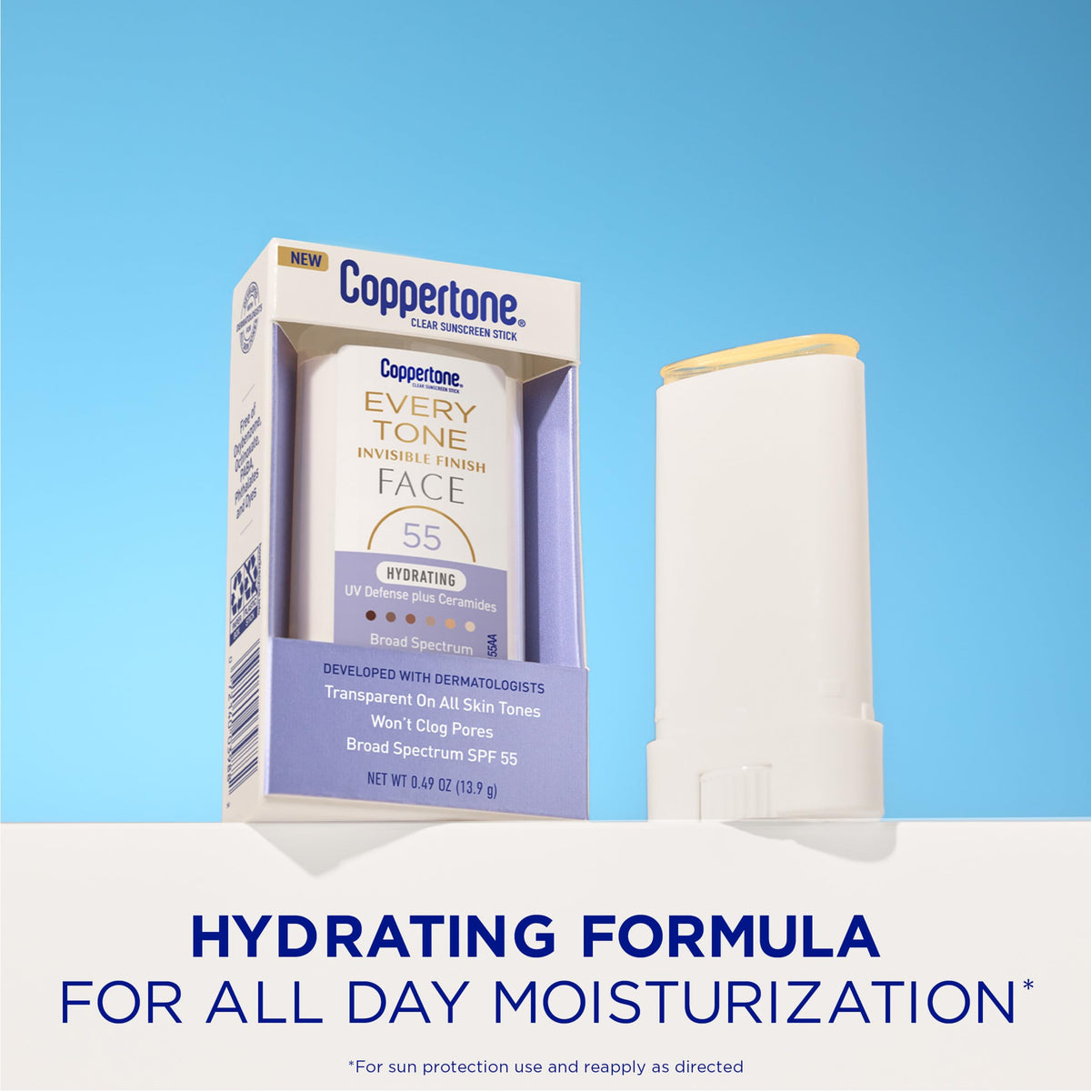 Coppertone every tone stick twist-up detail revealing solid clear sunscreen for easy application