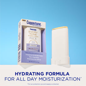 Coppertone every tone stick twist-up detail revealing solid clear sunscreen for easy application