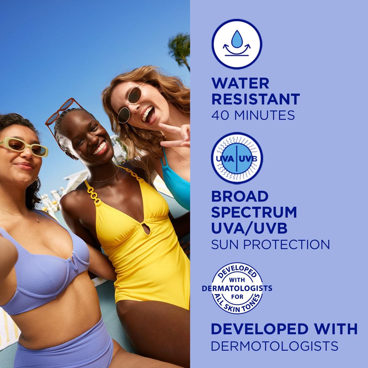 Coppertone on wet skin illustrating up to 40 minutes water resistance