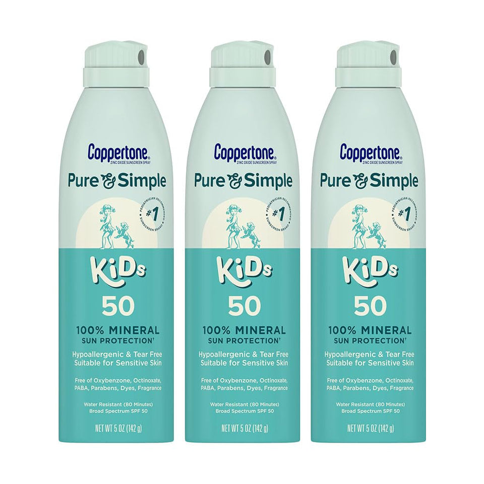 Coppertone front packaging showing Pure and Simple SPF 50 protecting skin