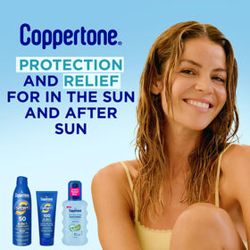 Coppertone used after sun on shoulders in lifestyle setting offering refreshment
