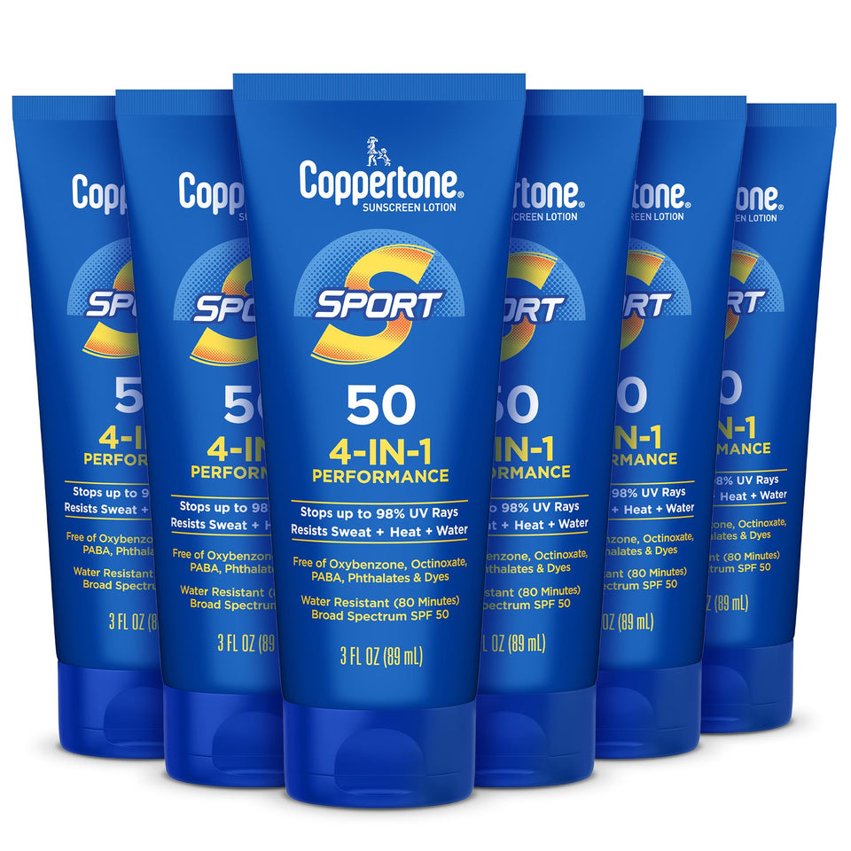 Coppertone front label showing SPF 50 and sport protection for active use