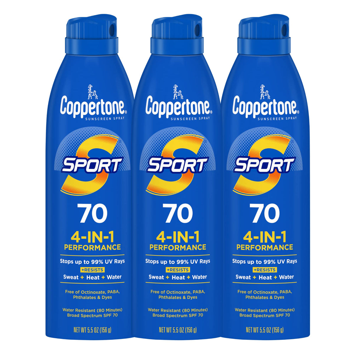 Coppertone sport front packaging showing three-bottle bulk convenience and SPF 70 protection