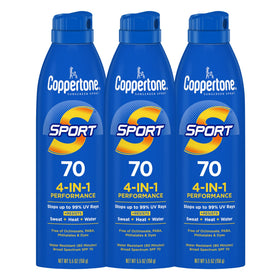 Coppertone sport front packaging showing three-bottle bulk convenience and SPF 70 protection