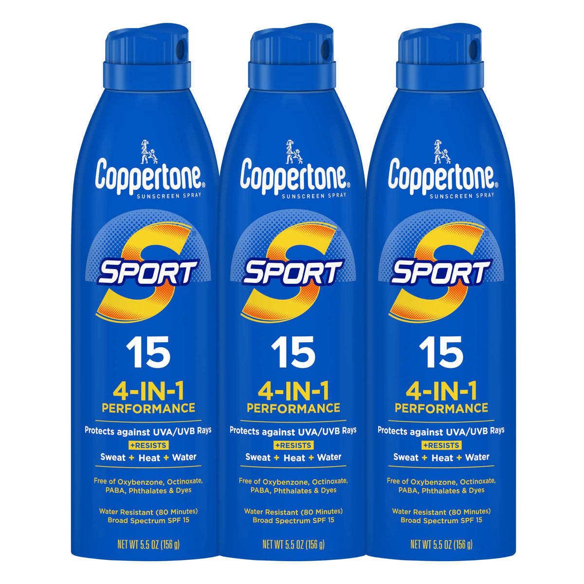 Coppertone Sport front packaging showing three bottles and SPF benefit