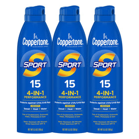 Coppertone Sport front packaging showing three bottles and SPF benefit