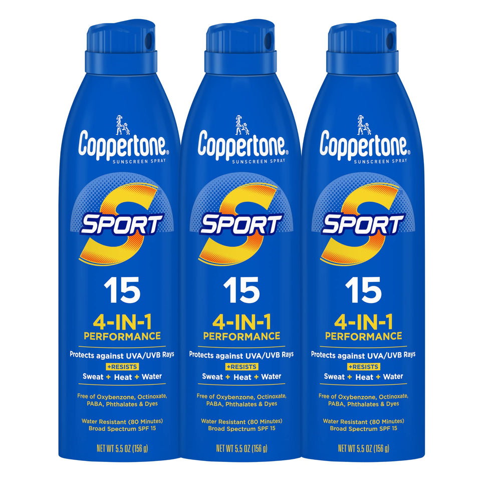 Coppertone Sport front packaging showing three bottles and SPF benefit