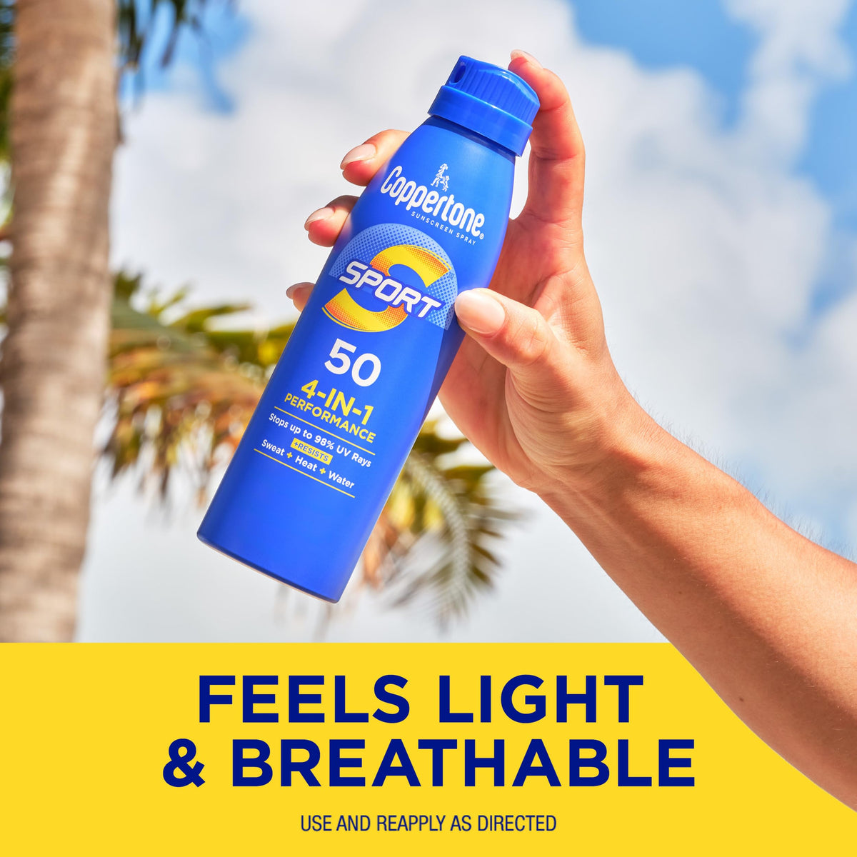 Coppertone label close-up highlighting water resistant and oxybenzone-free