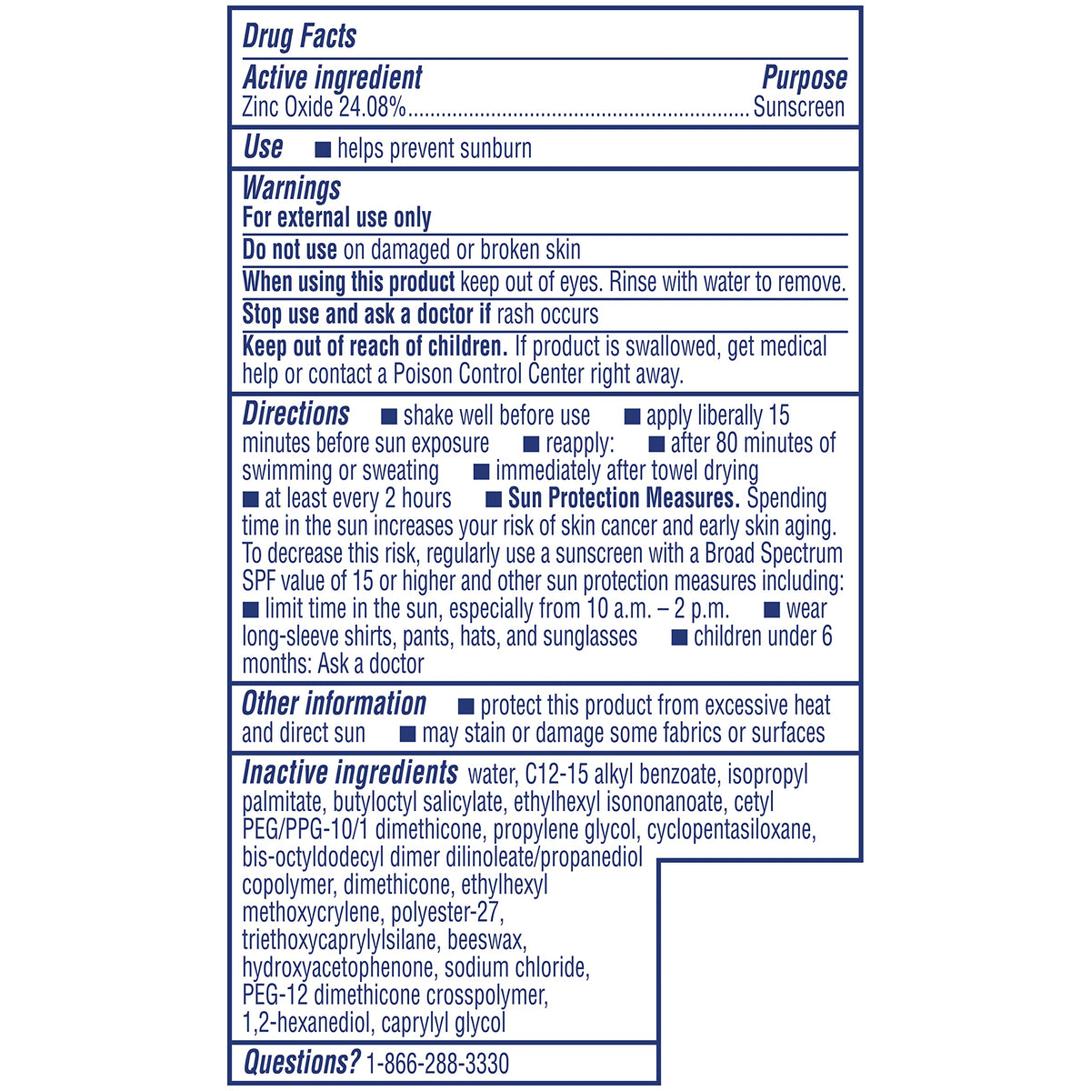 Coppertone label showing zinc oxide active ingredient and ingredient clarity
