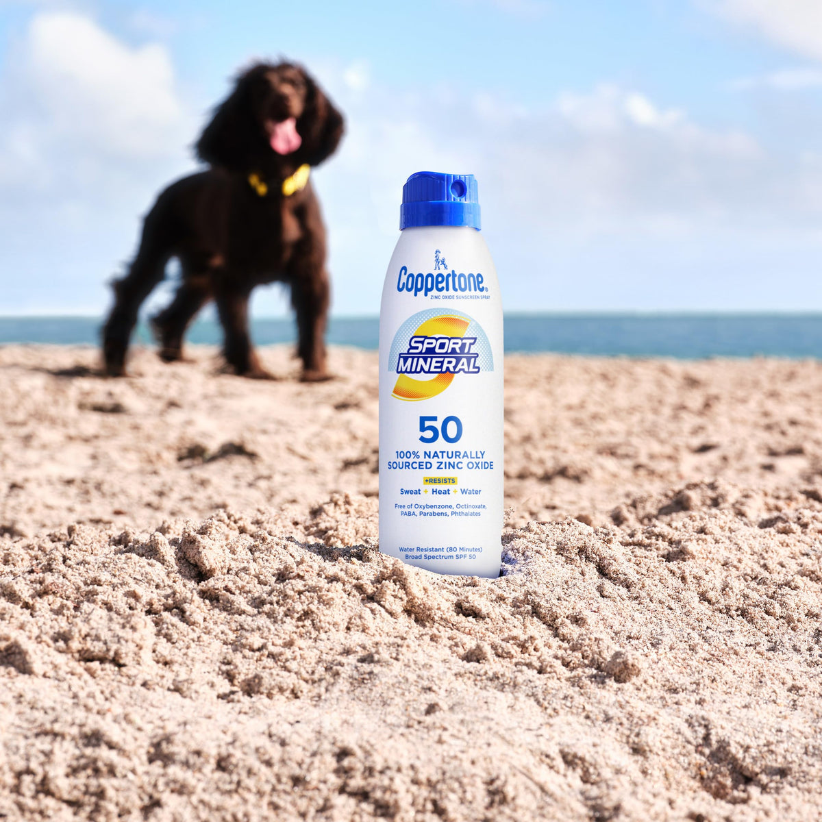 Coppertone family outdoors using spray showing easy application for group activities