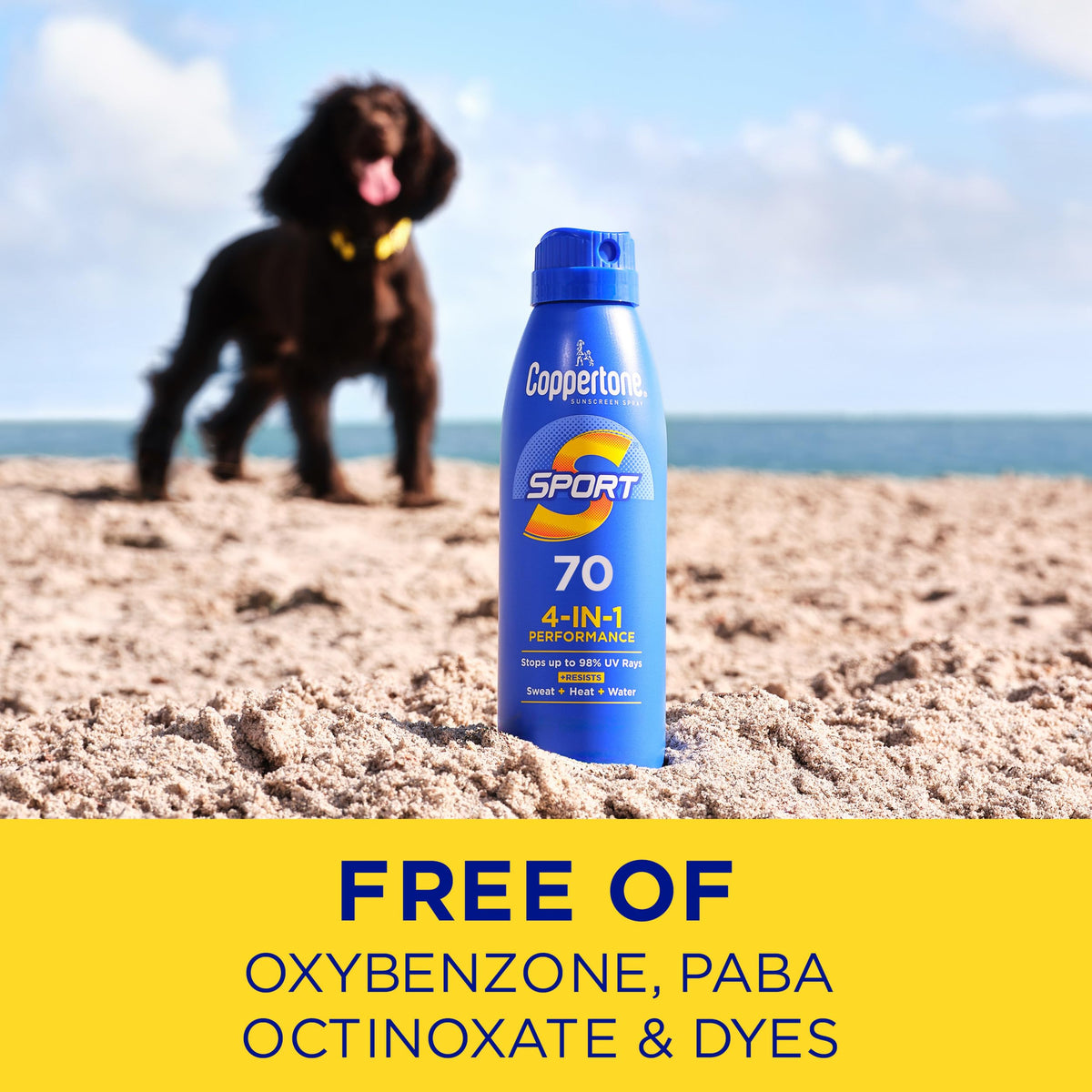 Coppertone sport water resistance activity shot showing outdoor use and sweat-resistant wear