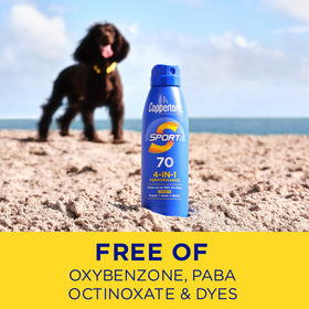 Coppertone sport water resistance activity shot showing outdoor use and sweat-resistant wear