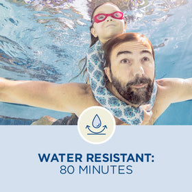 Coppertone stick with water splash illustrating 80-minute water resistance