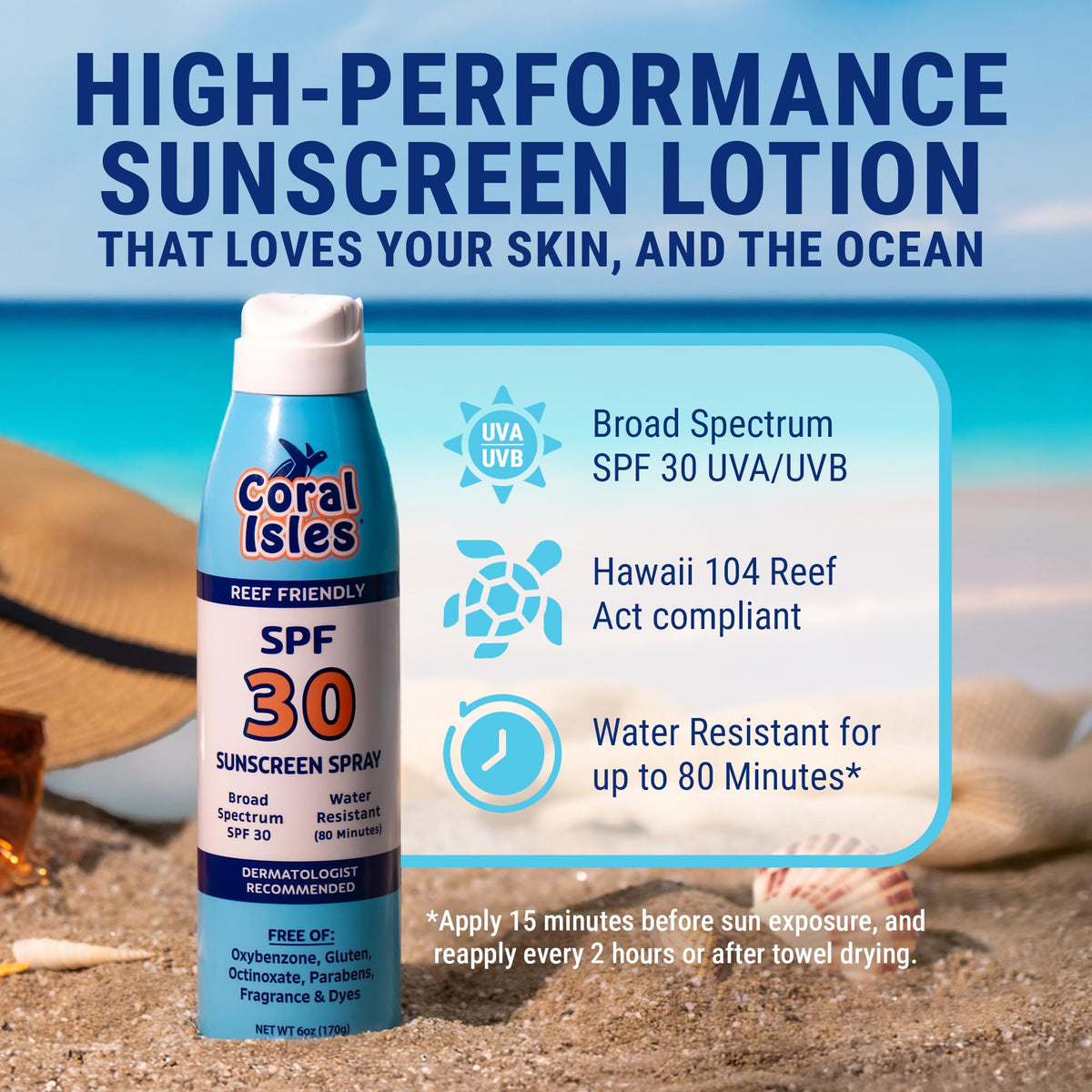 Coral Isles close-up label highlighting oxybenzone-free ingredient info