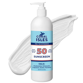 Coral Isles front bottle showing SPF 50 and reef-safe benefit