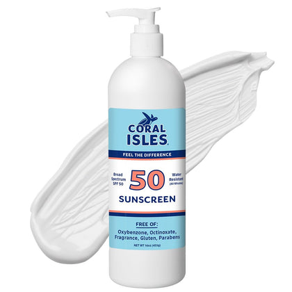 Coral Isles front bottle showing SPF 50 and reef-safe benefit
