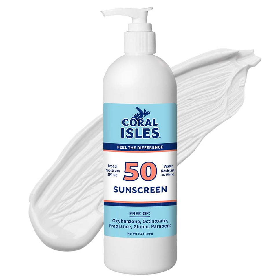 Coral Isles front bottle showing SPF 50 and reef-safe benefit
